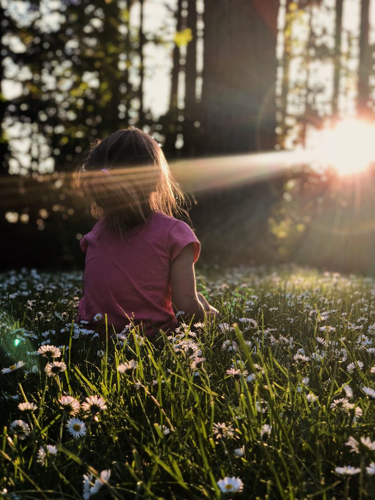 Girl in flowering meadow at the edge of woods, with sunlight streaming through trees. Photo by Melissa Askew on Unsplash